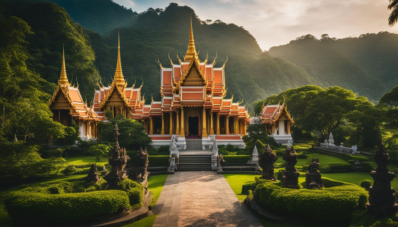 A traditional Thai temple surrounded by lush greenery and ornate architecture, reflecting a bustling atmosphere.
