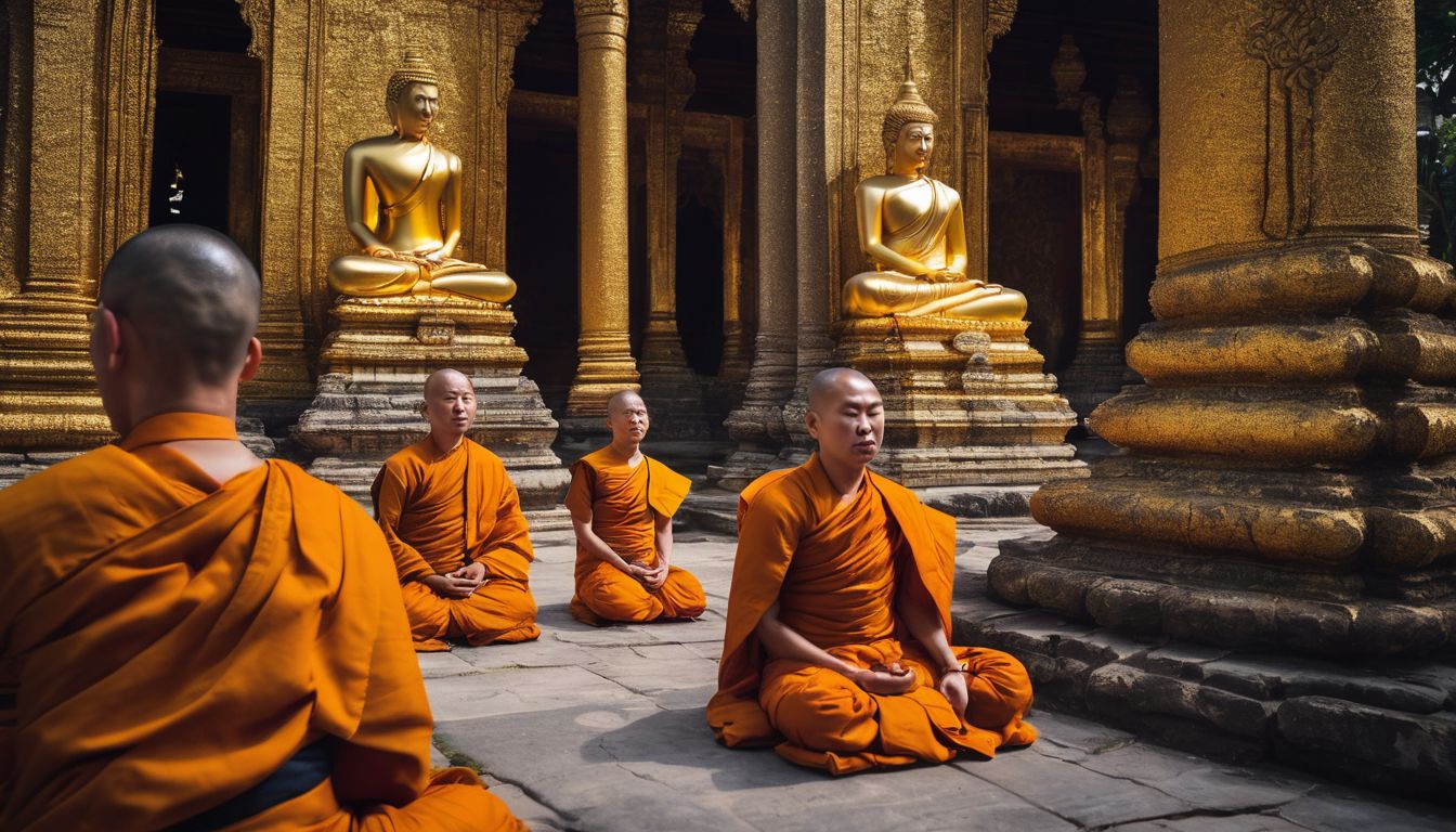A group of Buddhist monks meditating in front of the historical Wat Chaloem Phra Kiat temple.
