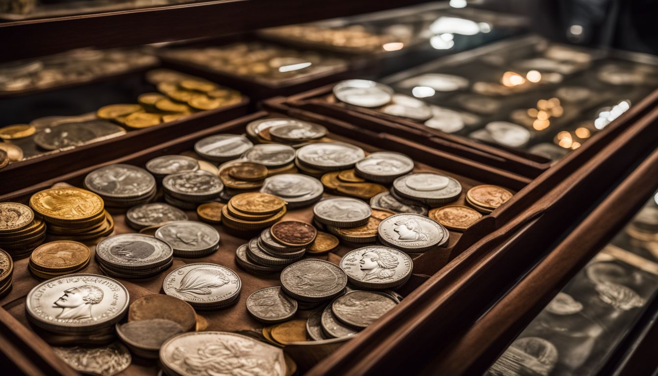 A display case showcasing vintage coins from different eras with diverse faces, hairstyles, and outfits.