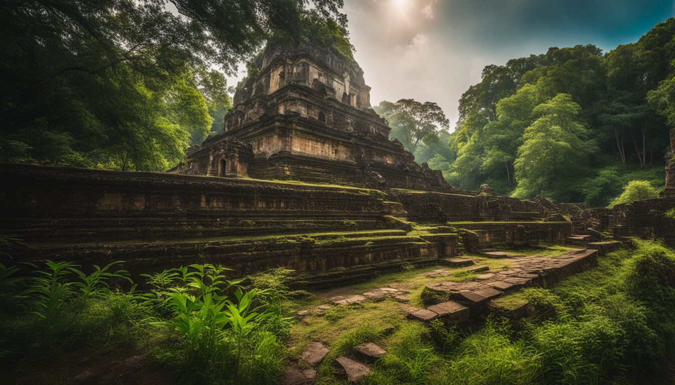 The photo shows the ruins of Si Satchanalai Historical Park surrounded by lush green forests.