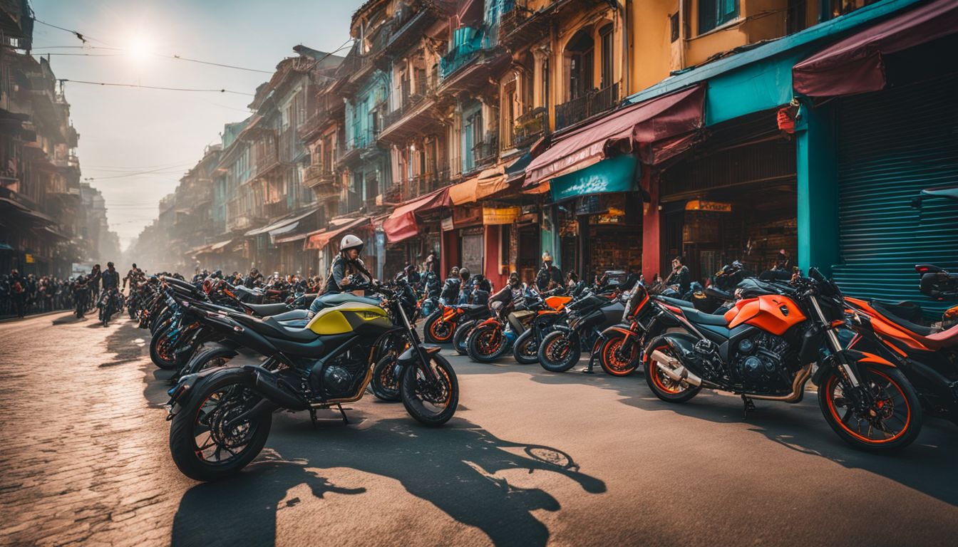 A vibrant city street filled with motorbikes and colorful buildings, capturing the bustling atmosphere and diversity of people.
