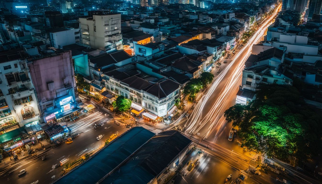 The photo shows a bustling night scene in Ho Chi Minh City with varied people and lively streets.
