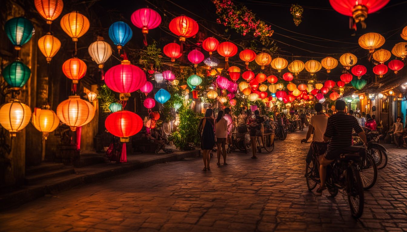 Colorful lanterns brighten the bustling streets of Hoi An at night, creating a vibrant and lively atmosphere.