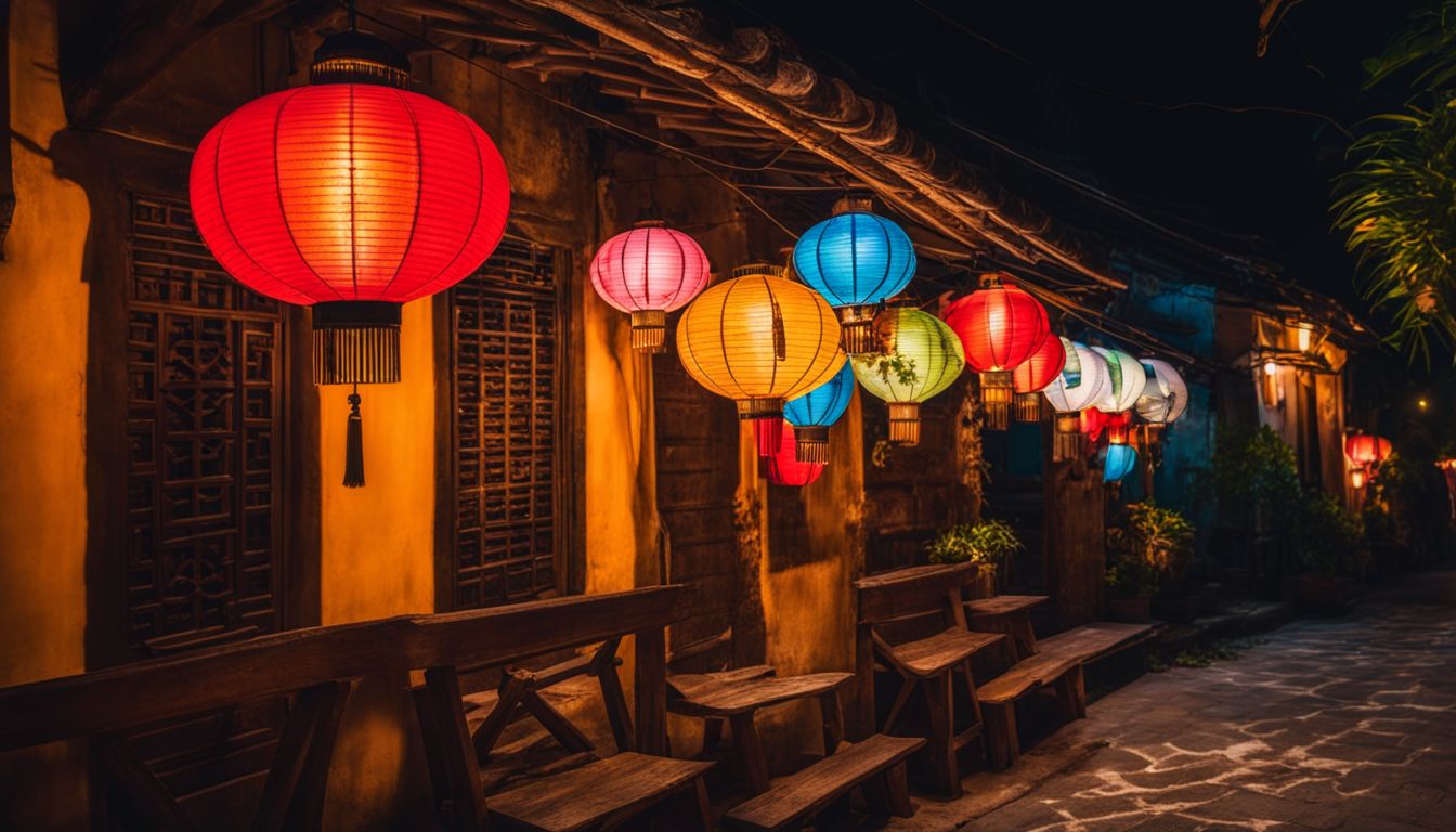The photo captures a vibrant lantern hanging from an ancient building in Hoi An, showcasing a bustling cityscape.