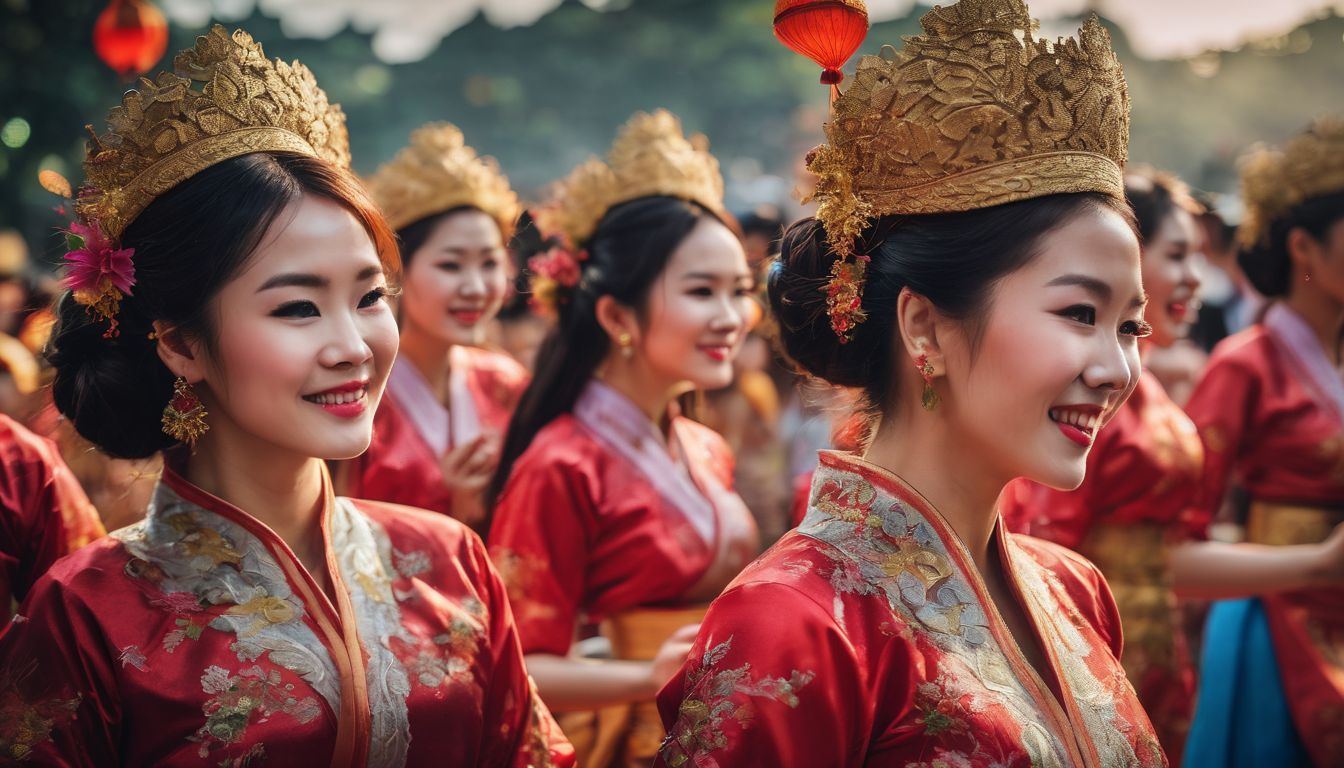 A group of people in traditional Vietnamese attire dancing during the Hue Festival.