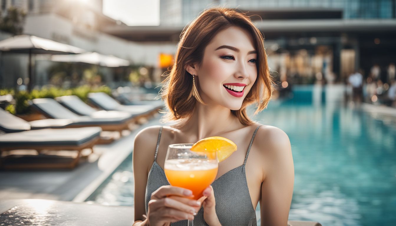 A woman enjoys a cocktail by the poolside at Liberty Central Saigon Citypoint, surrounded by a bustling atmosphere.