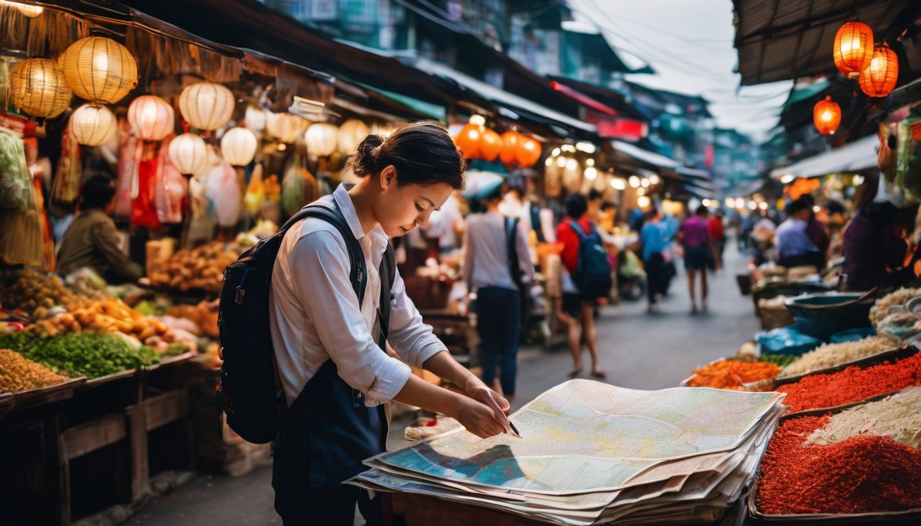 A person in a Vietnamese market, studying a map and looking for directions.