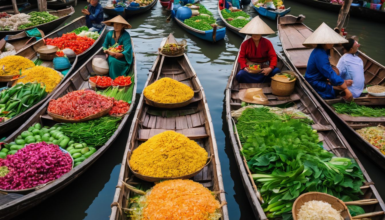 A vibrant floating market on the Mekong Delta with a variety of people, goods, and bustling atmosphere.