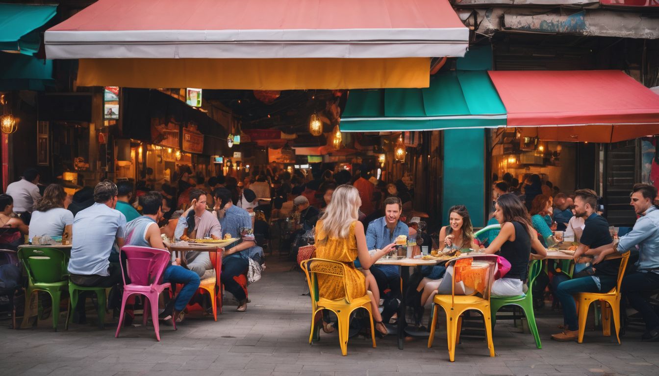 People enjoying street food on colorful chairs in a bustling cityscape with a variety of faces and outfits.