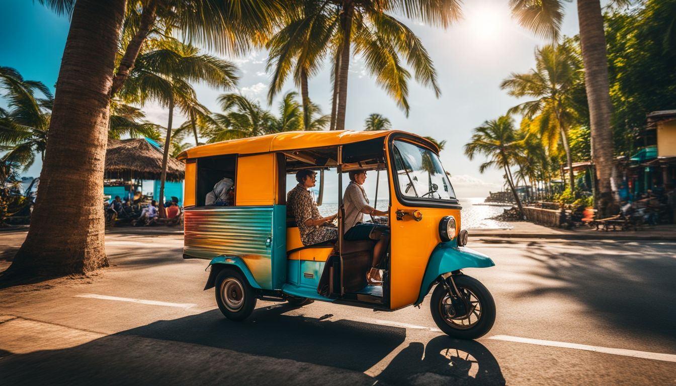 A vibrant and bustling coastal road with a colorful tuk-tuk driving through.
