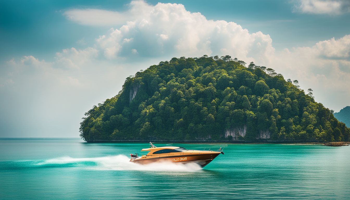 A speedboat sails on the turquoise waters of the Andaman Sea, with Koh Jum's beautiful coastline in the background.