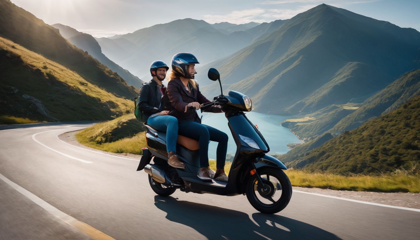 A group of friends enjoy a scenic scooter ride through a mountainous landscape.