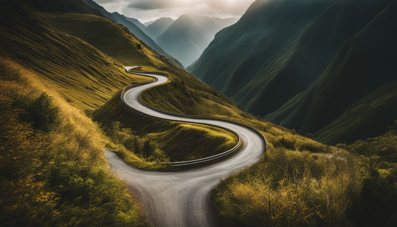 A stunning landscape photograph featuring a winding road through lush mountains with various people and vibrant outfits.
