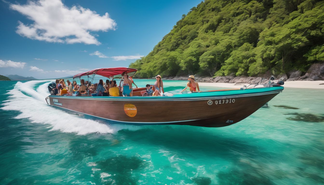 A diverse group of tourists boards a colorful speedboat surrounded by turquoise waters and lush green islands.