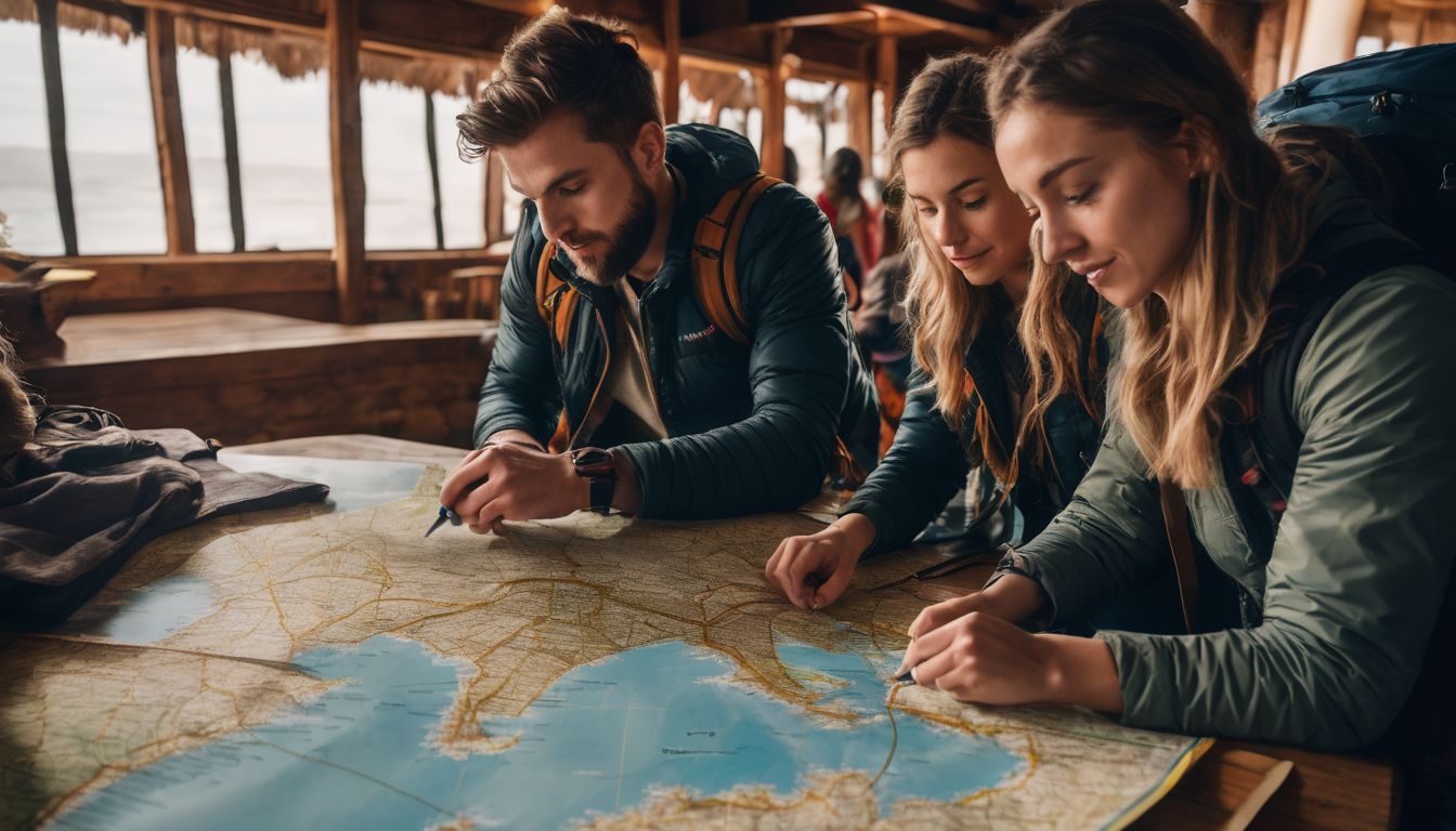 A group of backpackers plan their route while looking at a map together.