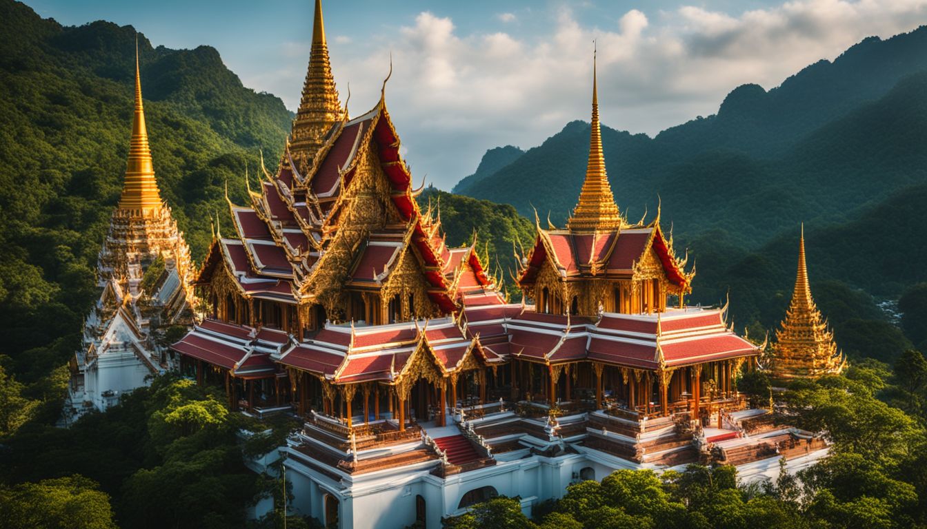 A vibrant and diverse scene of Thai temples surrounded by lush greenery and a bustling cityscape.