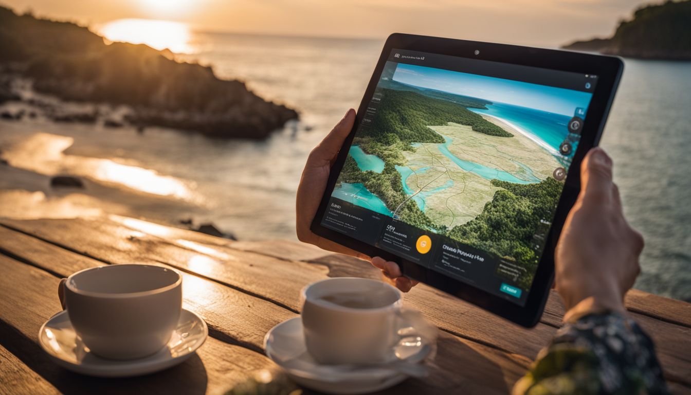 A person using an interactive map of Trang on a tablet at a beachside cafe.