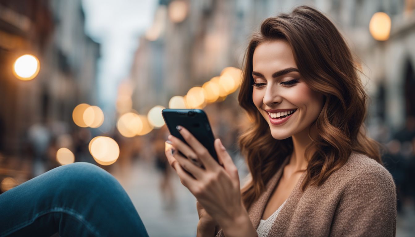 A woman smiling while using the Bolt or Grab app on her smartphone in a variety of different settings and styles.