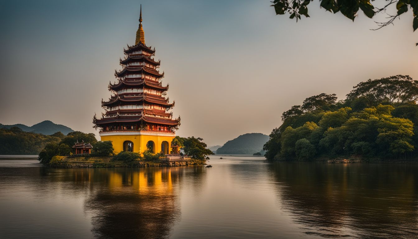The Thien Mu Pagoda is depicted in a vibrant and bustling landscape, showcasing its iconic beauty and serenity.