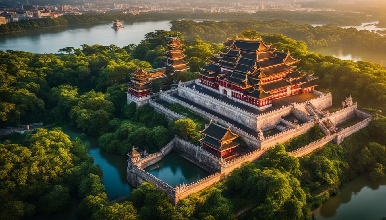 A stunning aerial view of The Imperial City at sunset, surrounded by lush greenery and the Perfume River.
