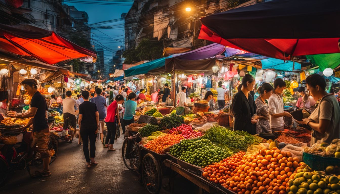 A vibrant street market in Ho Chi Minh City showcasing the diverse culture, attracting tourists from all over.
