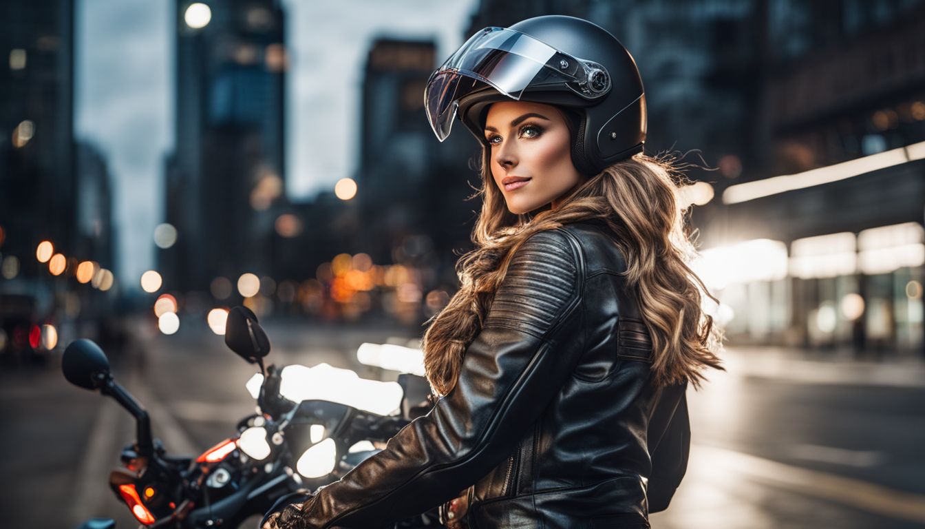 A woman with a motorcycle helmet stands next to a rental motorcycle, holding a map and looking determined.