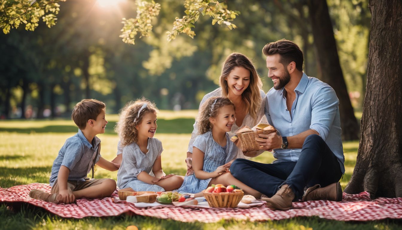 A joyful family gathers for a picnic in a park, captured in a vivid and detailed photograph.