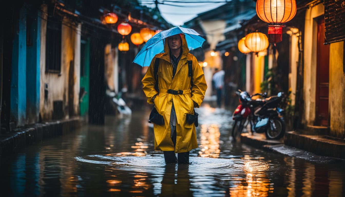 A person stands in a flooded street in Hoi An, wearing rain gear, in a bustling atmosphere.