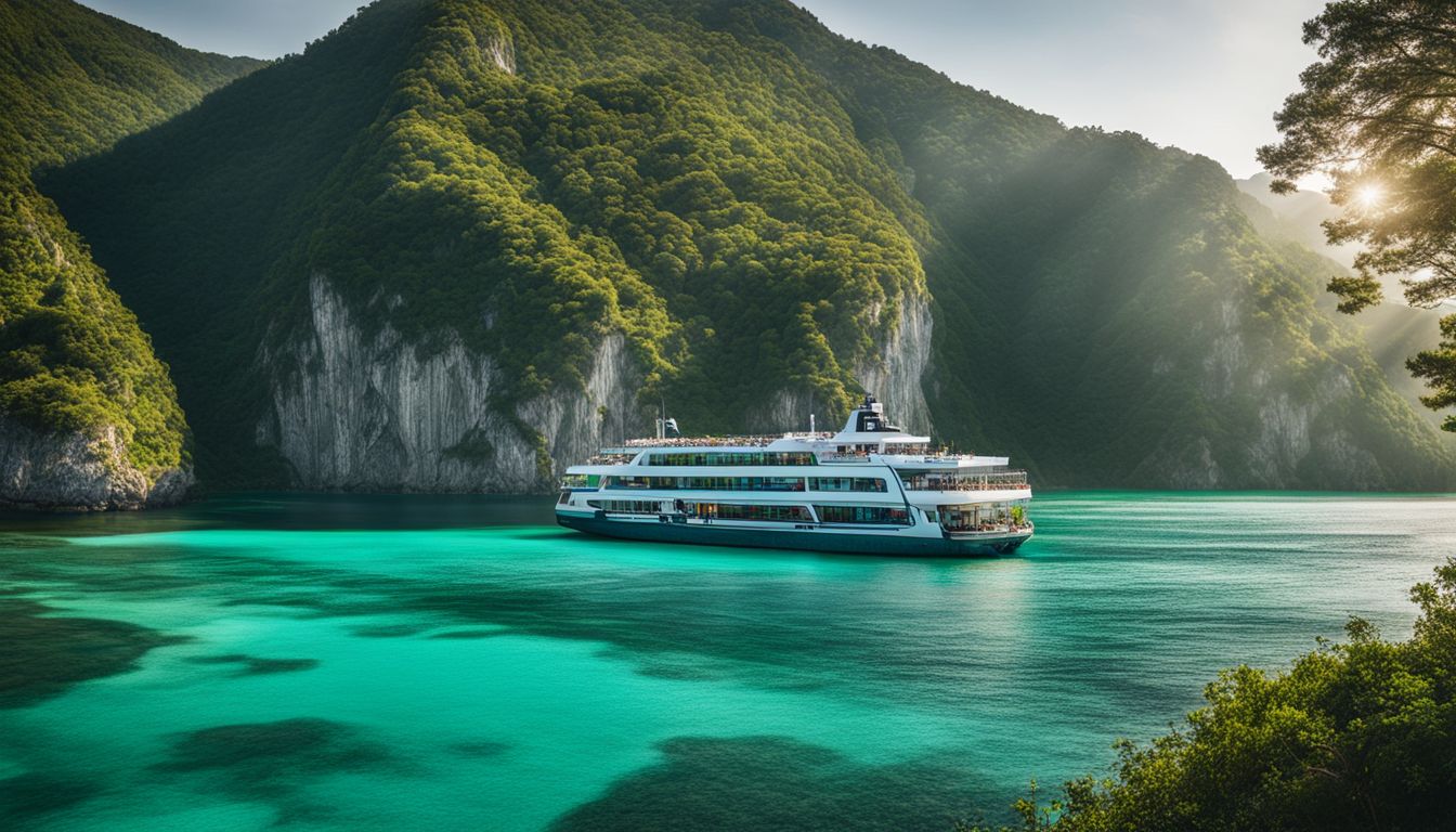 A ferry sails across turquoise waters with lush green islands in the background, creating a bustling and picturesque seascape.