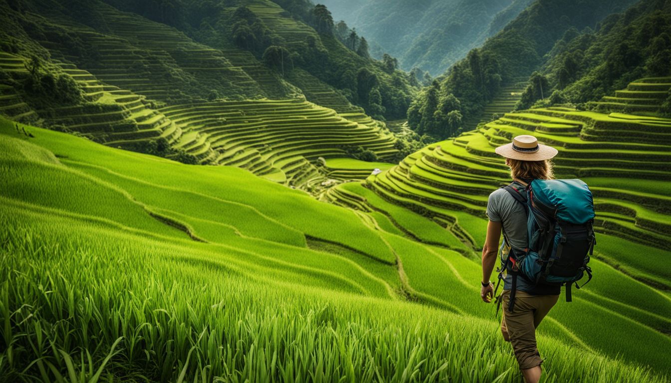 An adventurer exploring vibrant rice terraces on a hiking expedition.