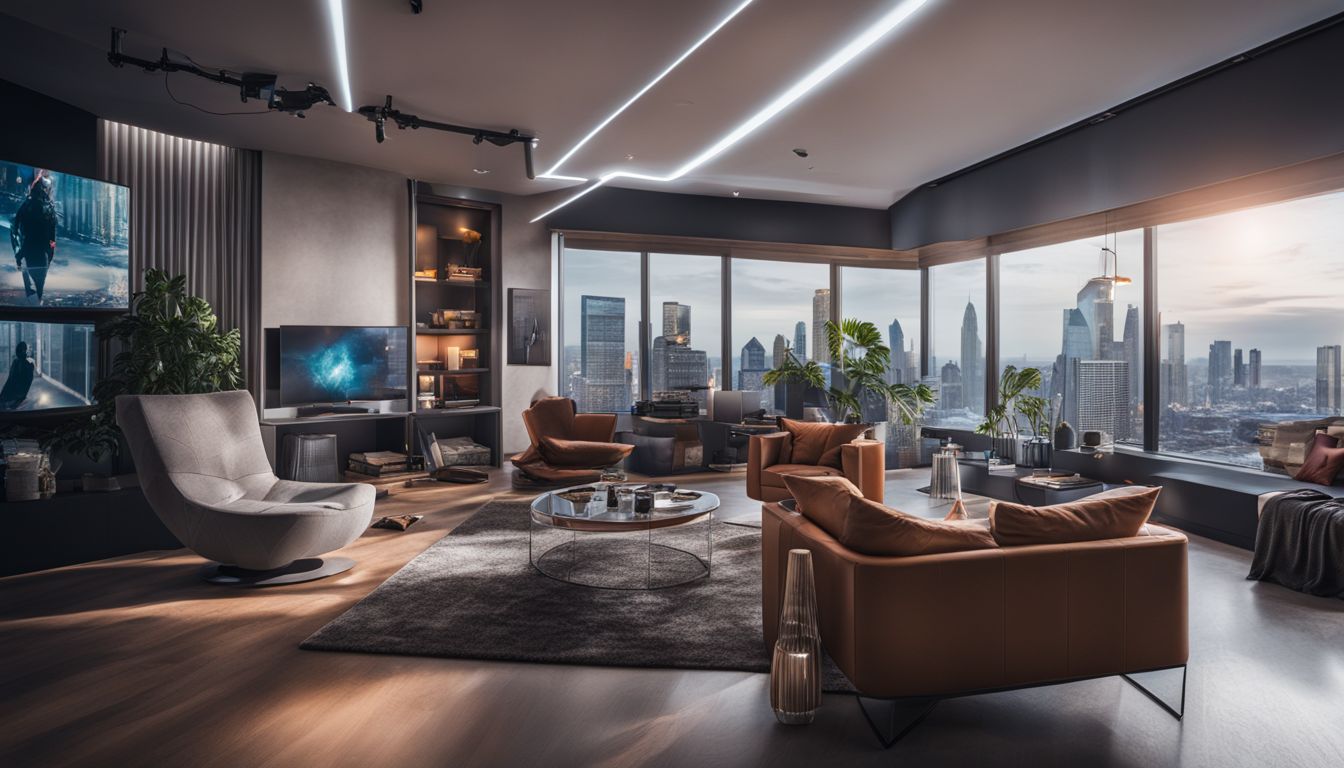 A futuristic living room with connected smart devices and diverse people.