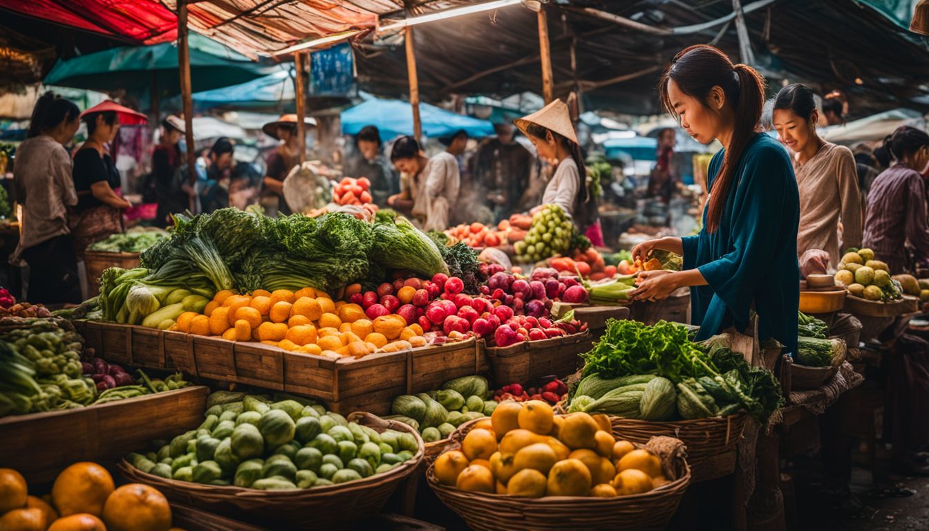 A vibrant traditional Vietnamese market showcasing a variety of fruits and vegetables.