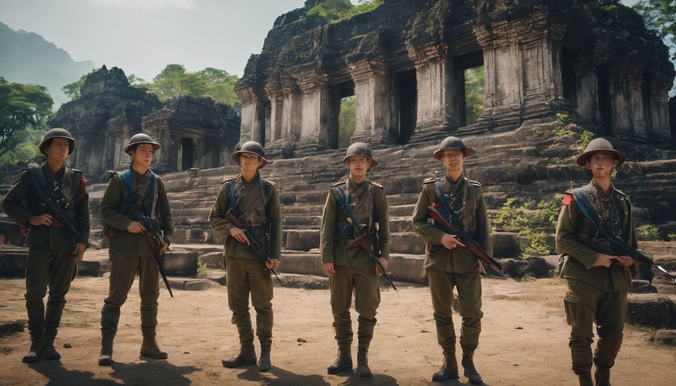 A group of soldiers from the Lanna Kingdom standing in front of the Si Satchanalai Park ruins.