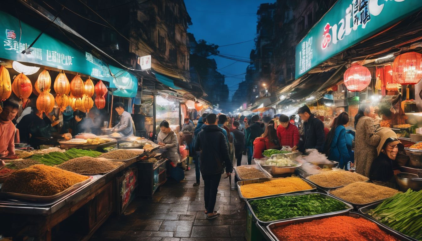 A vibrant street food market in Hanoi with diverse people and a bustling atmosphere.