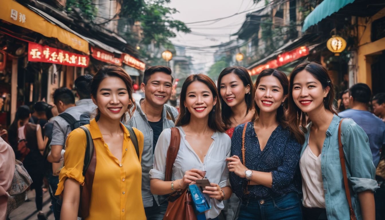 A diverse group of tourists exploring the vibrant streets of Hanoi in a bustling atmosphere.