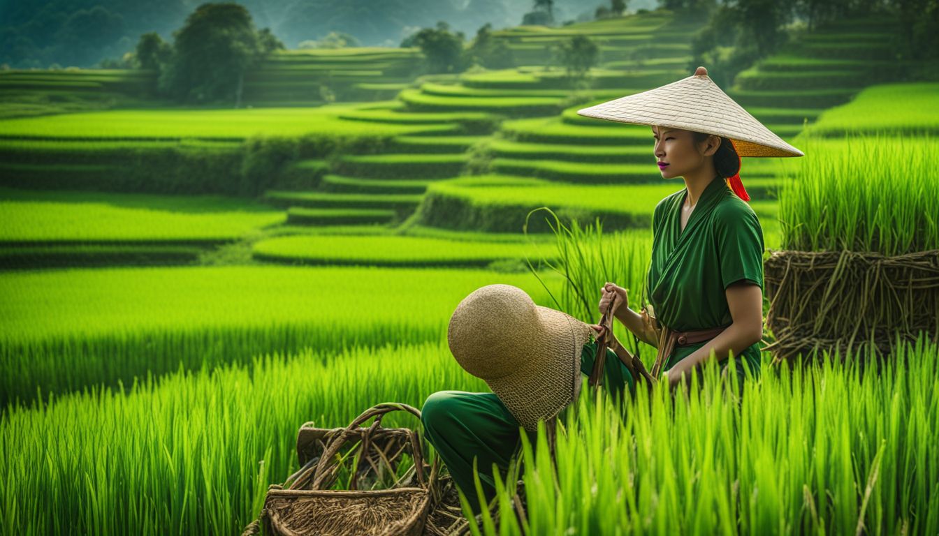 A vibrant photograph of Vietnamese rice fields showcasing diverse individuals wearing traditional hats and clothing.