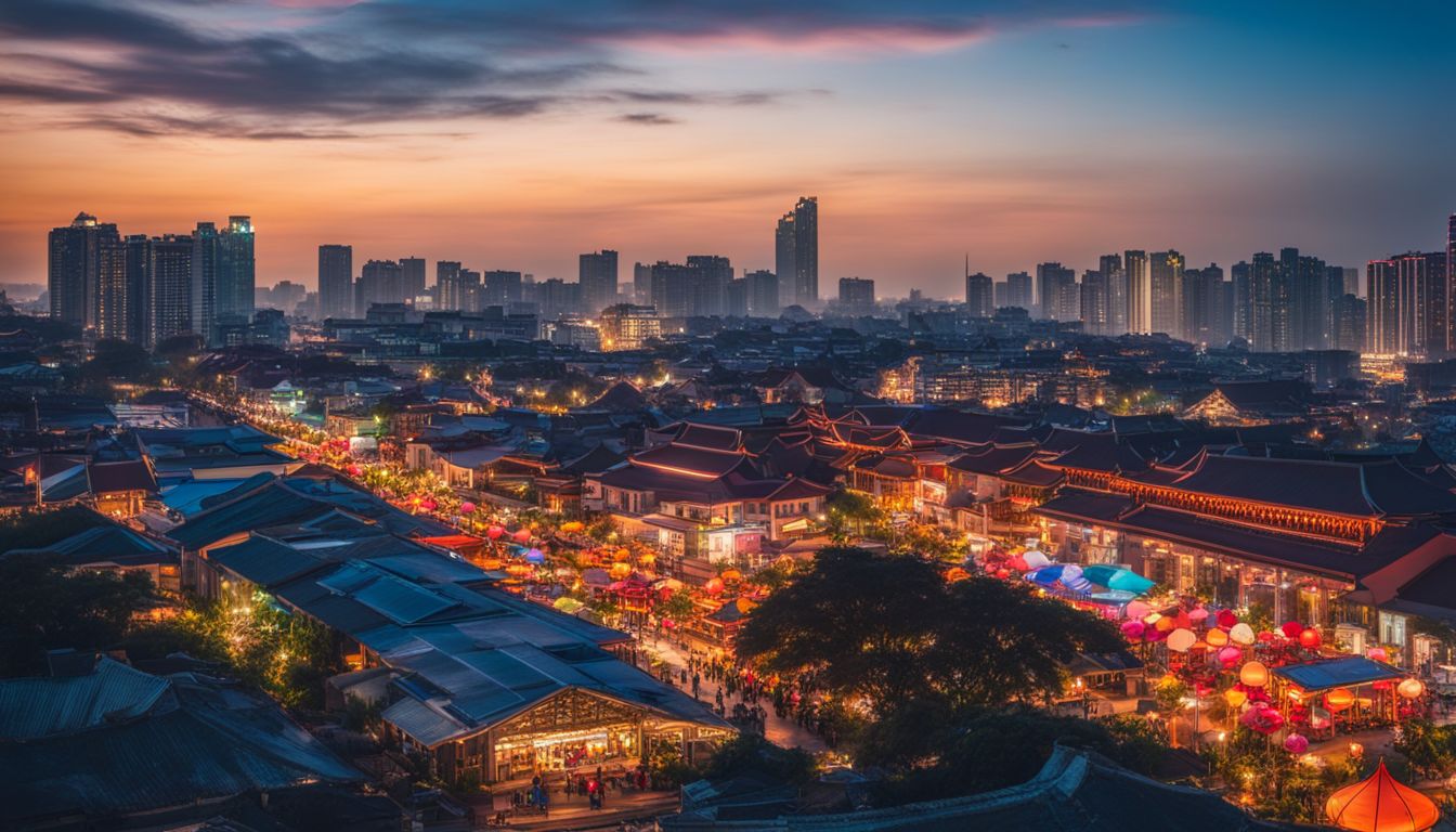 A vibrant city skyline with modern buildings contrasting with traditional Vietnamese lanterns in a bustling atmosphere.