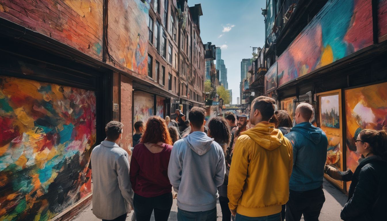 A diverse group of artists admire a vibrant mural in a bustling cityscape, captured with high-quality photography.