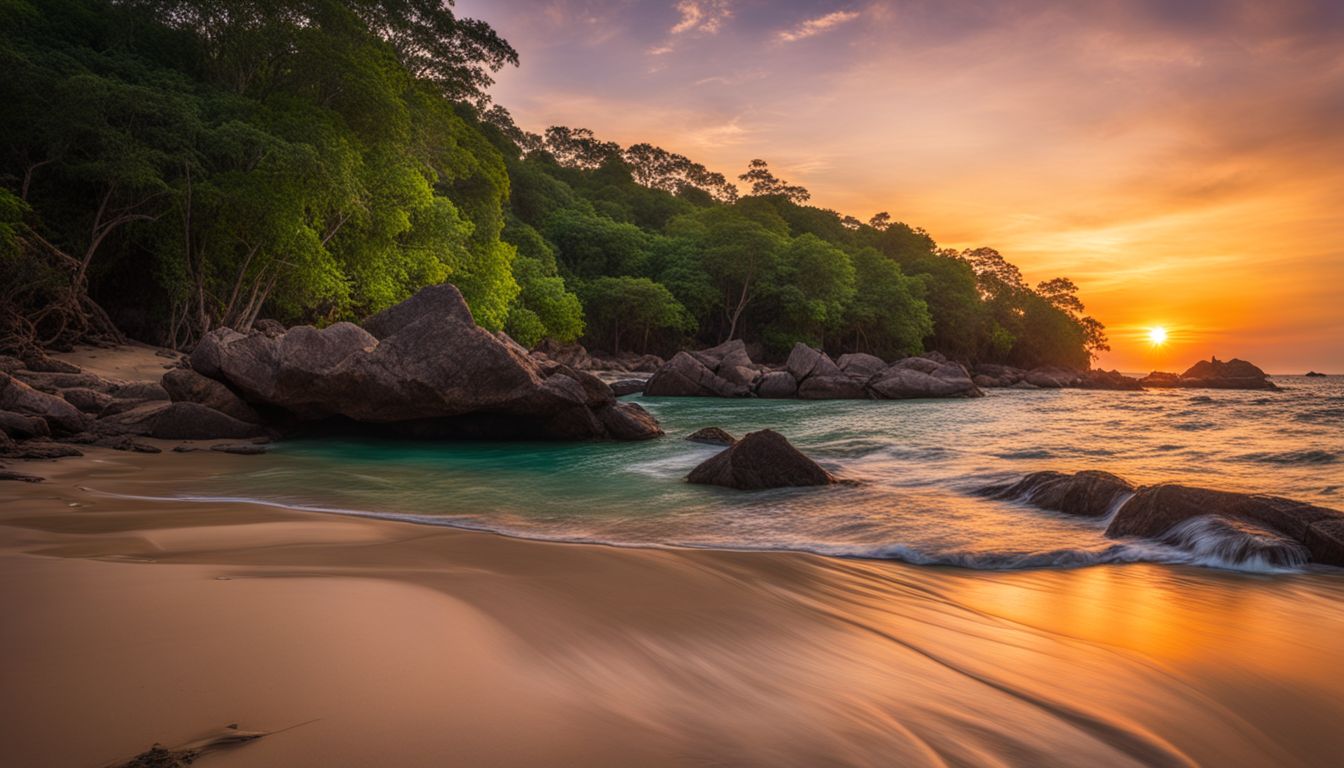 A breathtaking sunset over Koh Jum's pristine beaches, showcasing vibrant colors and tranquil beauty.