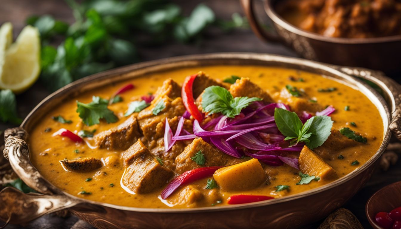 A close-up photo of a delicious Indian curry dish with aromatic spices and colorful ingredients.