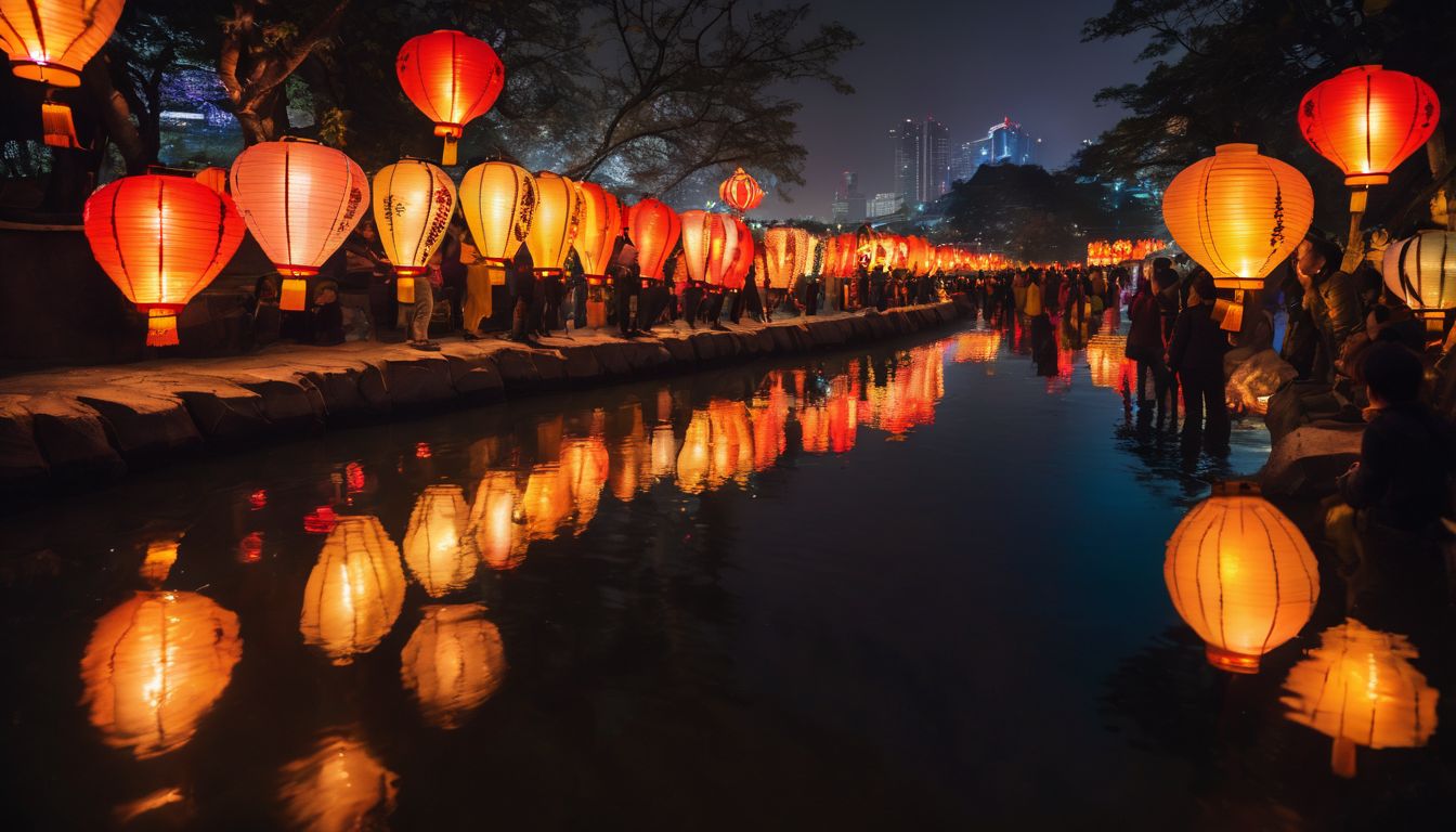 A photo of vibrant lanterns lighting up a riverbank at the Lantern Festival with a bustling atmosphere.