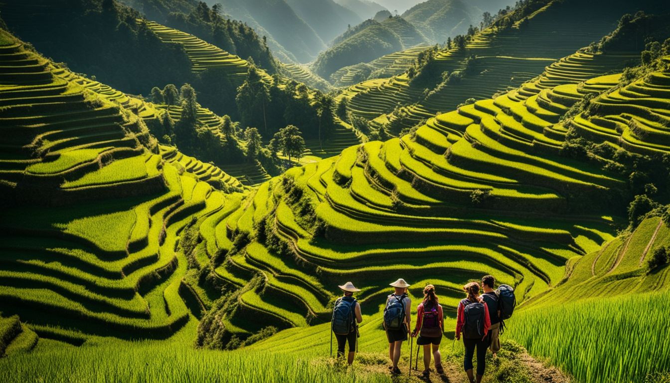 Hikers explore the vibrant rice terraces of Lao Chai and Ta Van Village in a bustling atmosphere.