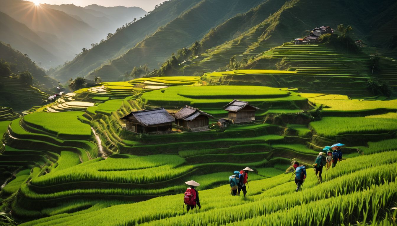 A diverse group of hikers explore the vibrant rice terraces of Lao Chai and Ta Van Village.