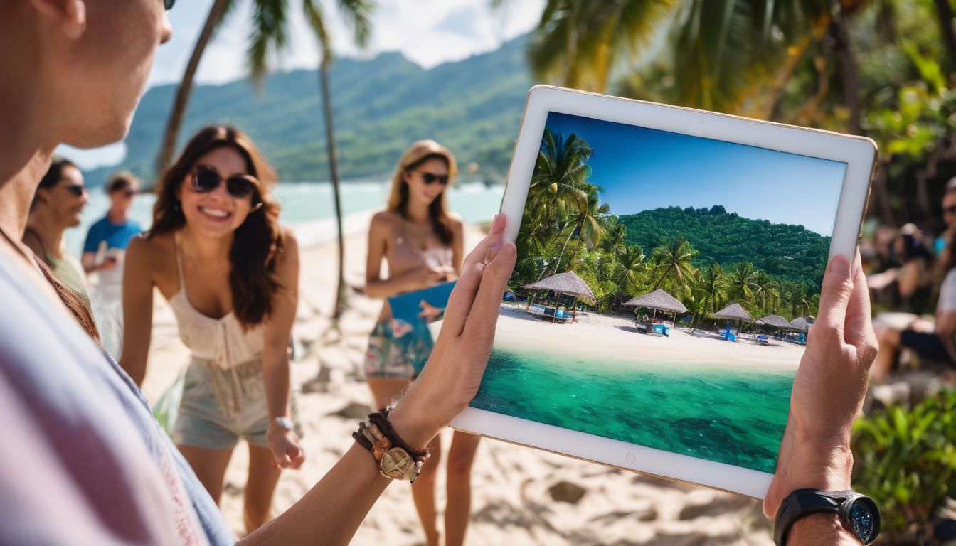 A group of tourists using a tablet to navigate the beaches of Koh Samui.