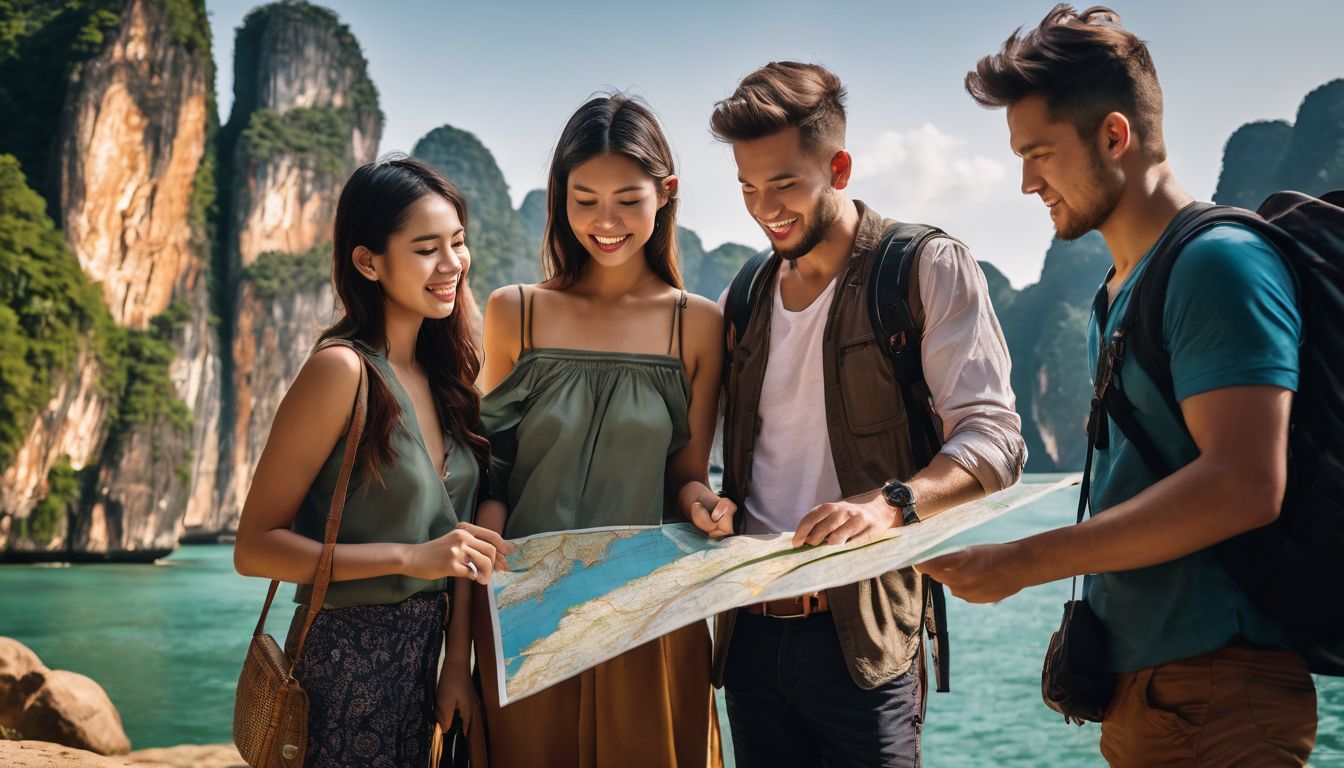 A diverse group of travelers pointing at a map in Thailand surrounded by iconic landmarks.