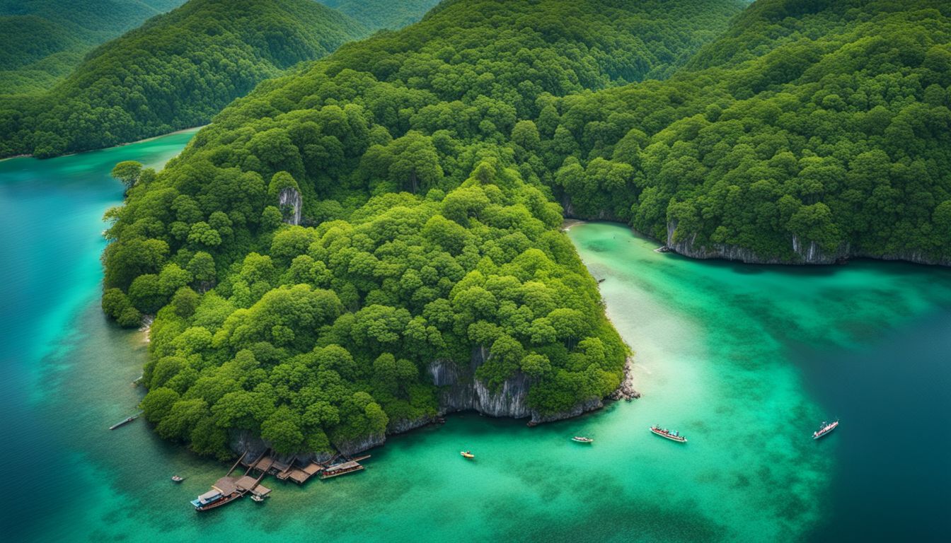 A stunning aerial photograph showcasing Thailand's diverse natural landscapes of lush forests and clear blue waters.