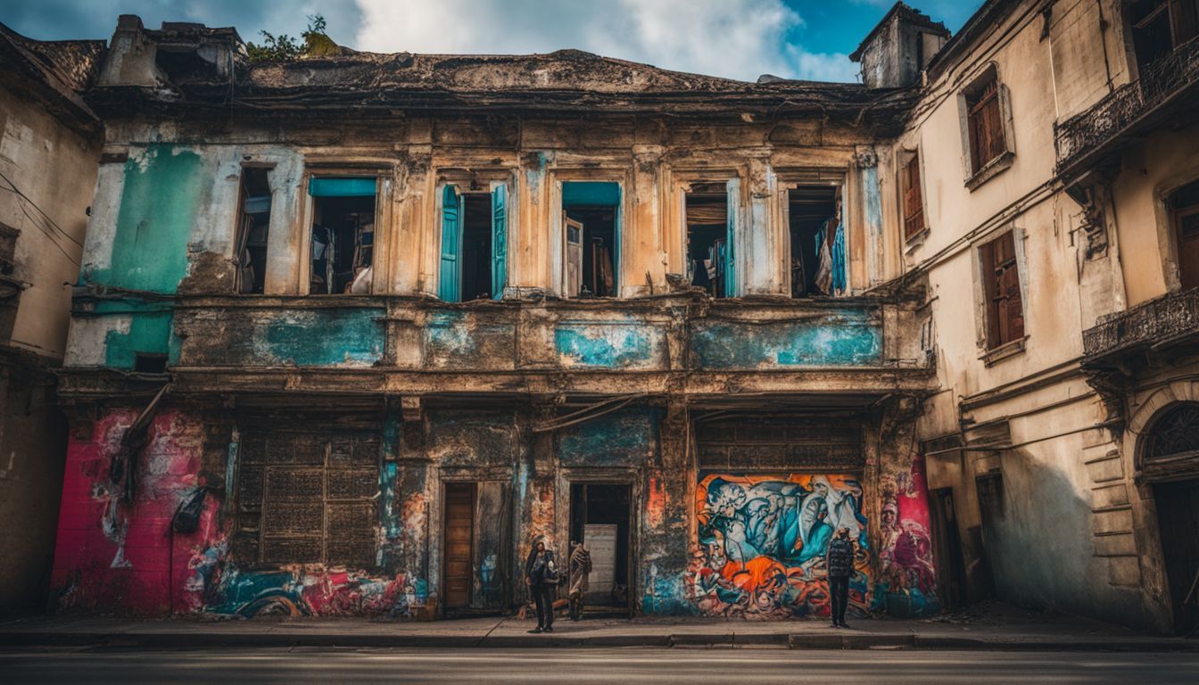 A photo of a dilapidated French colonial building with vibrant street art nearby in a bustling cityscape.