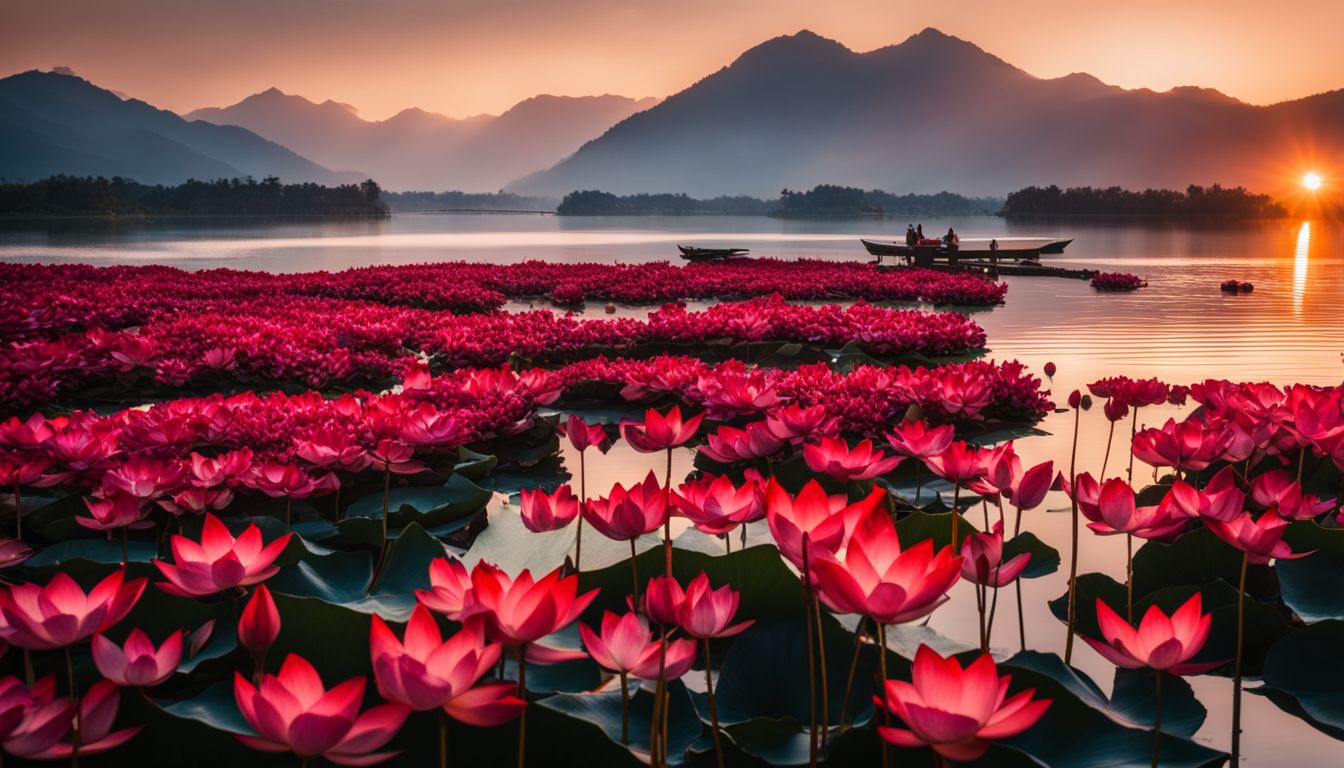 A serene scene of red lotus flowers blooming on a lake at sunset.