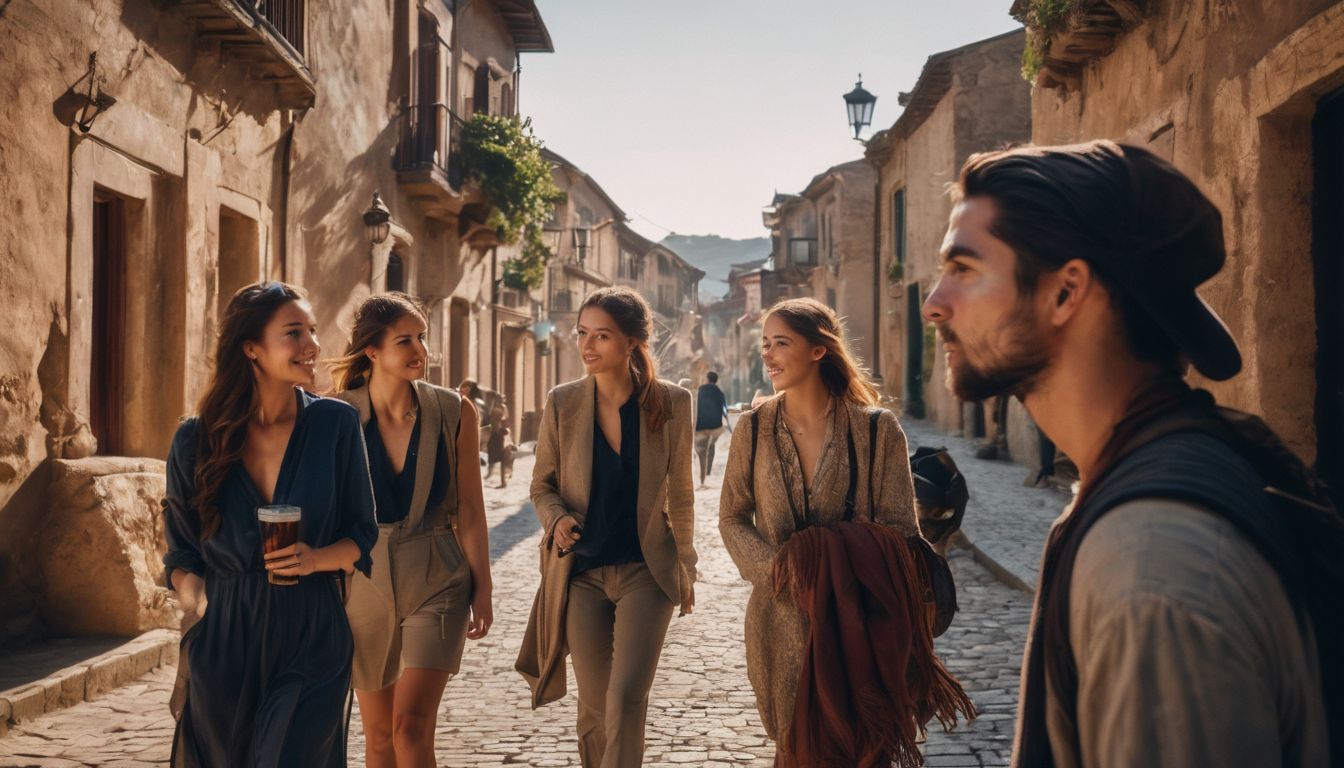 A diverse group of friends explore the ancient streets of a city, capturing its bustling atmosphere through their photography.