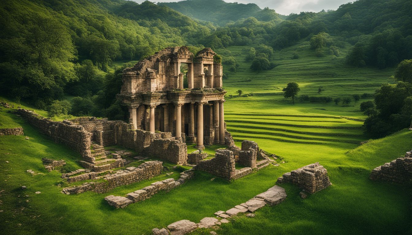 The photo depicts ancient ruins and a vibrant lush green landscape.
